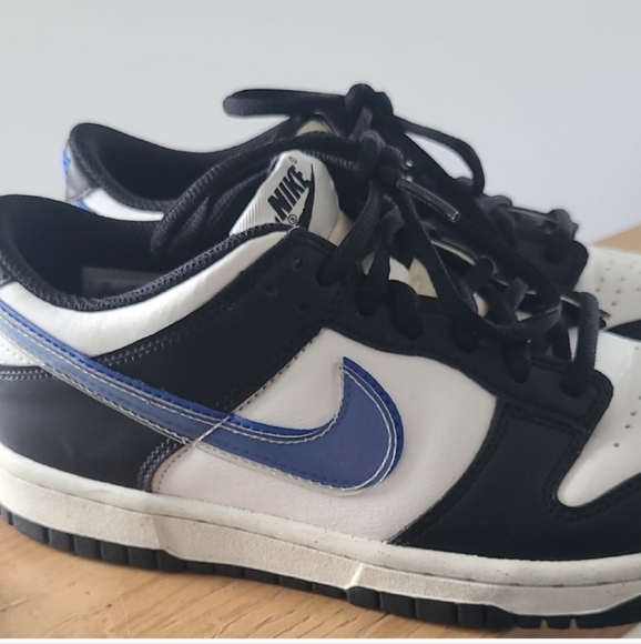 Nike Dunk Low Sneakers Black and White with Blue Swoosh With Crease Guards - Picture 5 of 11